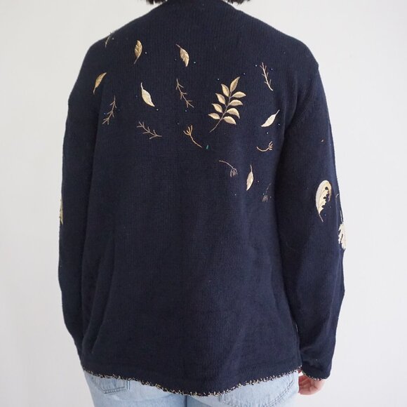 Vintage Christopher & Banks Embroidered Leaf Cotton Cardigan Fall Cottagecore L - Picture 2 of 13